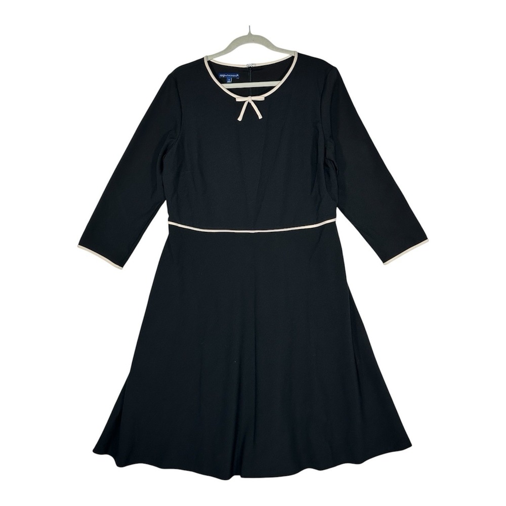 RSVP by Talbots Dress 14 Black Coquette  Cream Trim Bow‎ Fit Flare Midi A-Line
